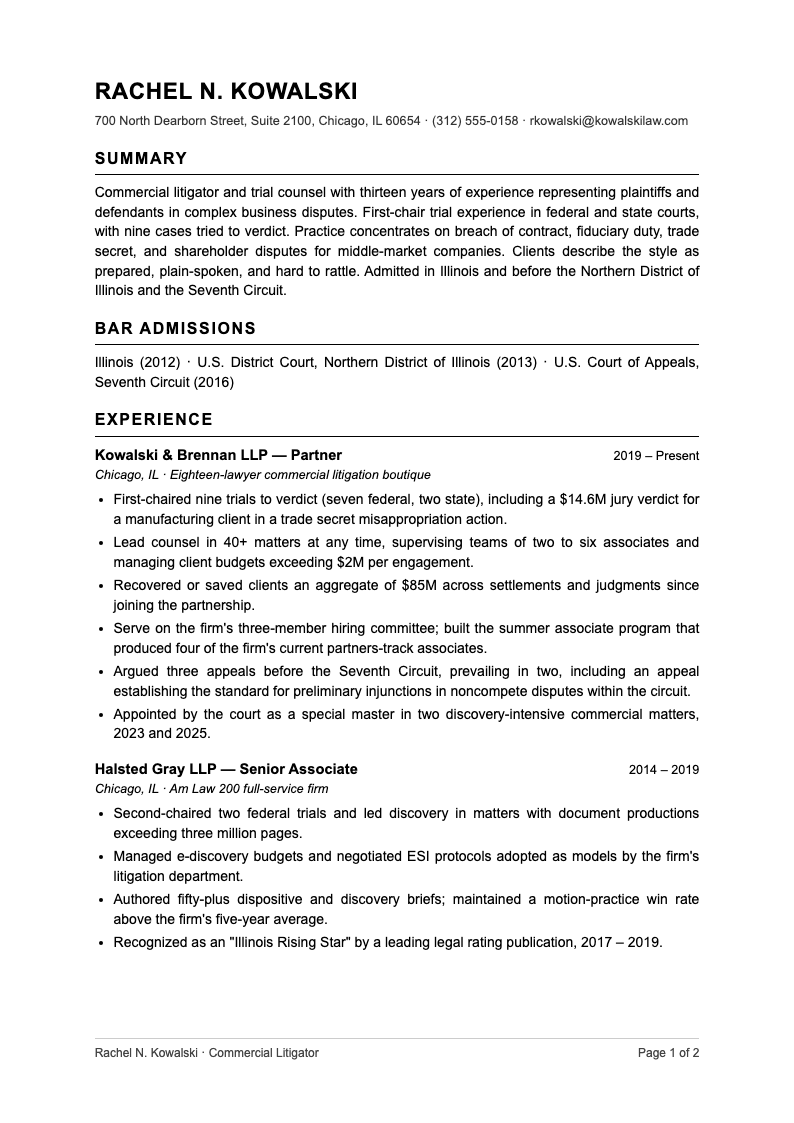 Legal professional resume - A plain-language legal Resume template with clean Arial typography and disciplined sections, made for attorneys and litigators who let their record speak.